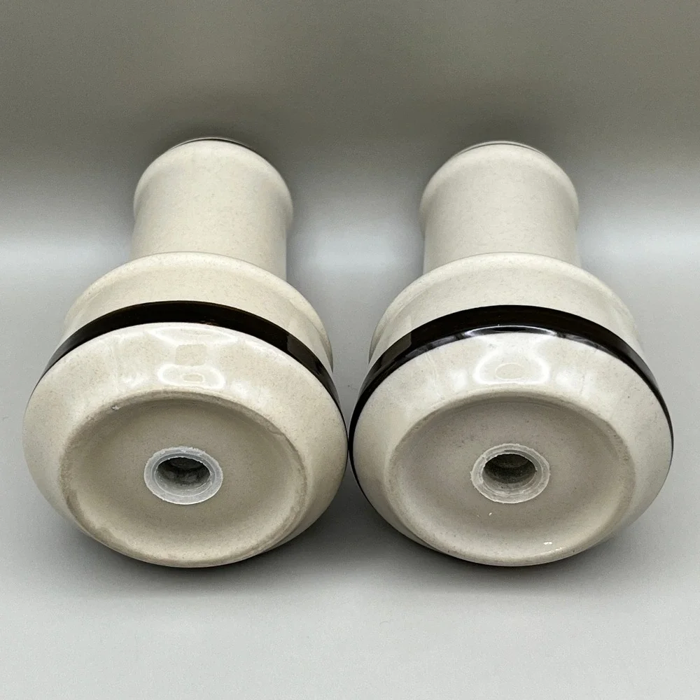 Vtg Mid Century Modern Stoneware‎ Salt & Pepper Shakers Beige Brown Banded 4